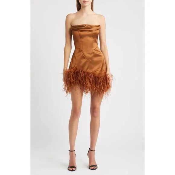 DELFI COLLECTIVE Adrienne Ostrich Feather Strapless bronze Mini dress size M - Picture 1 of 11